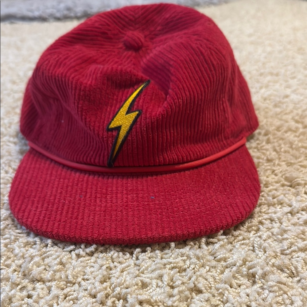 Red Corduroy Cap with Lightning Bolt